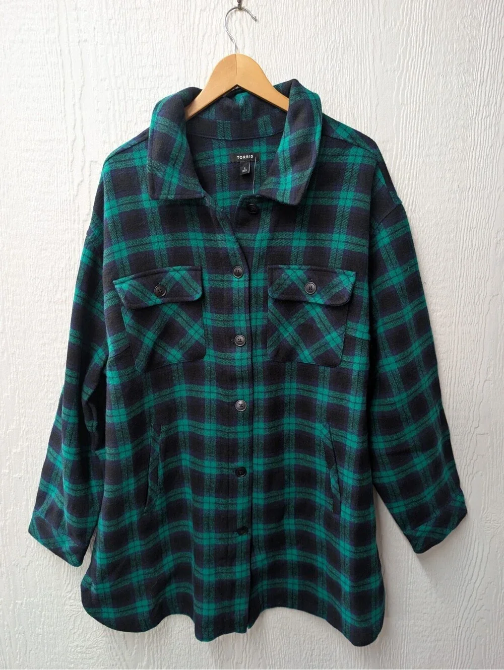 NWT Torrid Brushed Twill Plaid 100% Cotton Shacket Pockets Green Size 3X 22-24